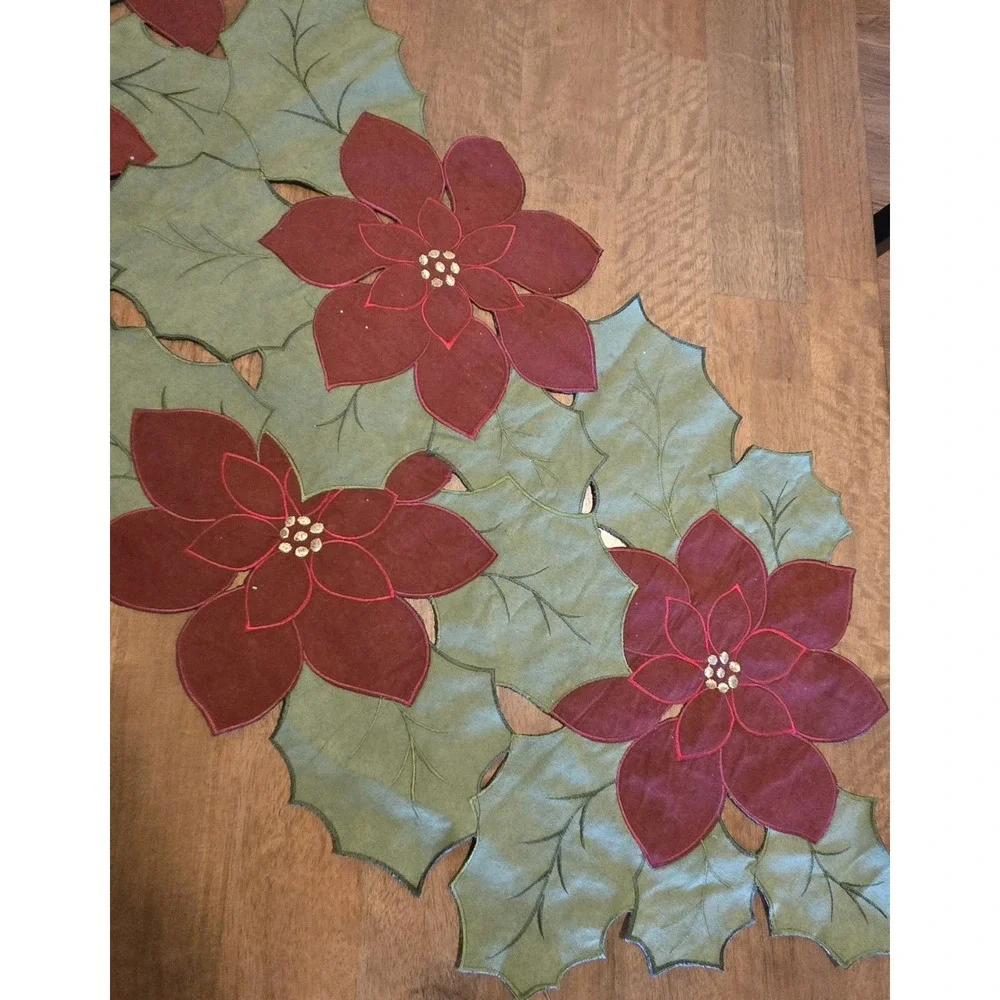 Signature Homestyles Christmas Poinsettia Holly Cutwork Table Runner 17